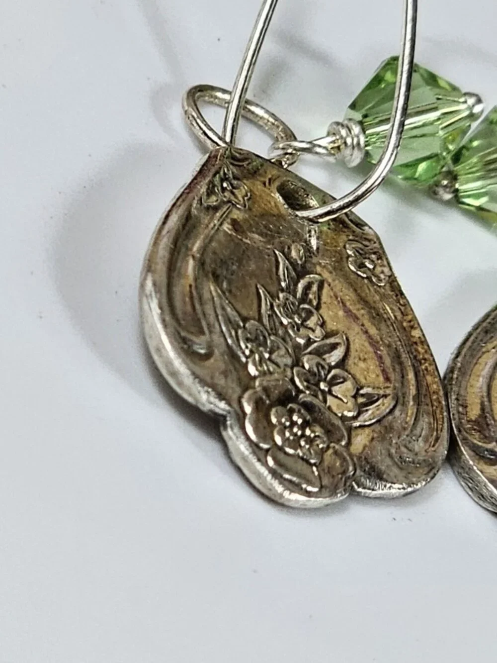 Silver Floral Spoon Handle Earrings with Green Crystal Beads Dangle Drop VTG - Picture 4 of 8